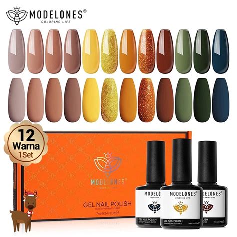 Jual Modelones Gel Nail Polish Kit 12 Warna 1Set 7ml Nude Black Set Klasik Hijau LED Rendam Off