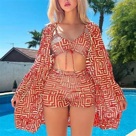 Caijunjia Swimsuit Three Piece Set Women High Waist Swimsuit Push Up Tropical Print Bikini