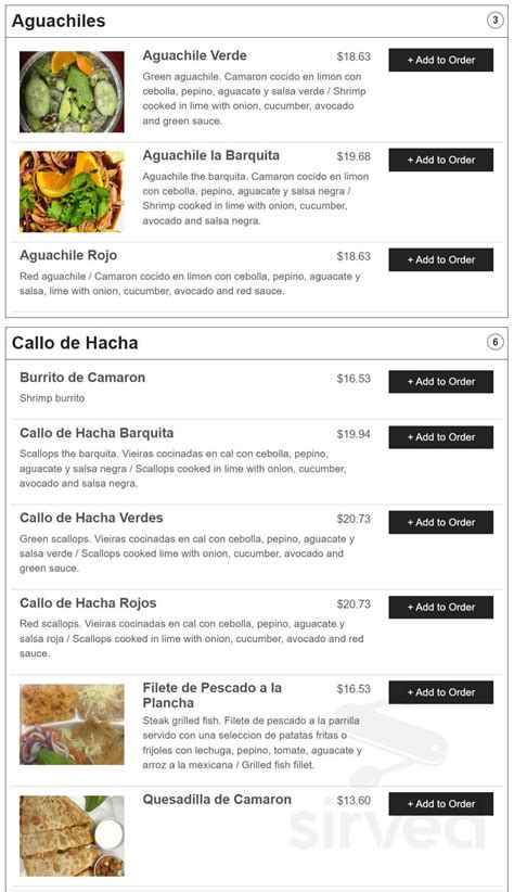 Mariscos La Barquita Menu In Chatsworth California Usa