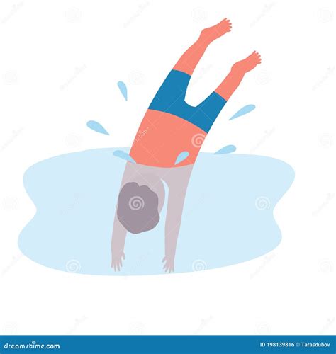Man Dives Naked Guy In Swimming Trunks Flat Cartoon Illustration Blue Water And Spray