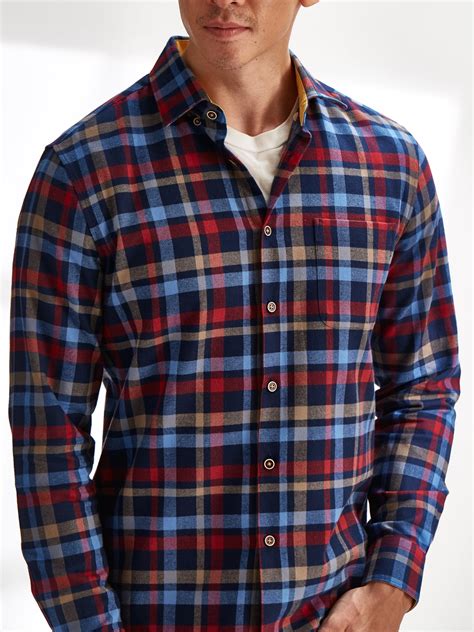 Mens Flannel Shirt In Red Blue Yellow Plaid Cotton The First