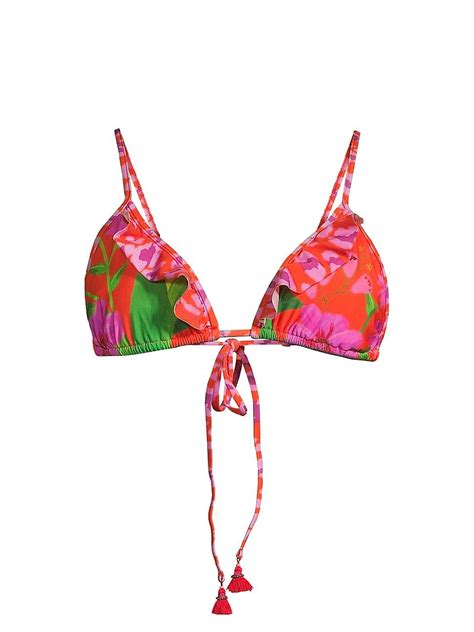 Farm Rio Mixed Floral Ruffled Bikini Top Orange Editorialist
