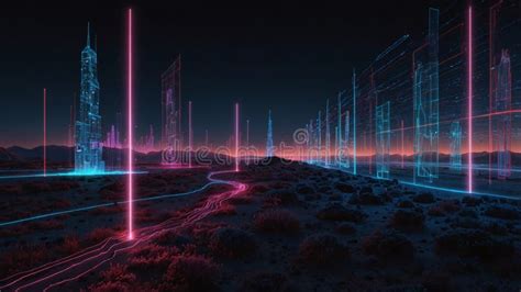 Futuristic Neon Holographic Cityscape With Glowing Pathways In A Desert