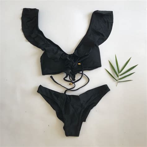 Jual Bikini Two Piece Ruffle Black Shopee Indonesia