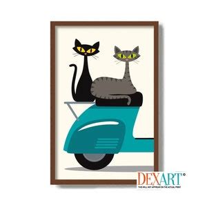 Mid Century Modern Cat Art Print Motor Scooter Black Cat Etsy