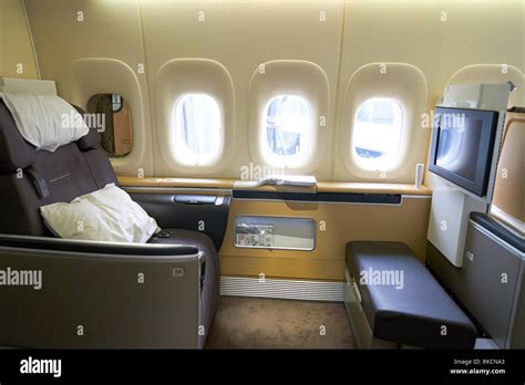NEW YORK - MARCH 13, 2016: interior of Boeing 747-8I. The Boeing 747 is ...
