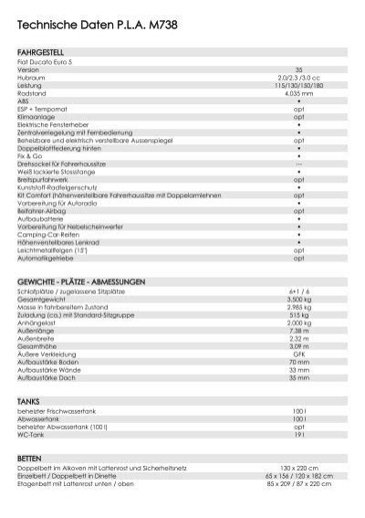 Technische Daten P.L.A. M738 - WOF Wohnmobile