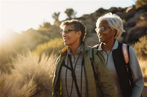 Premium Ai Image Active Retired Interracial Lesbian Couple Hiking