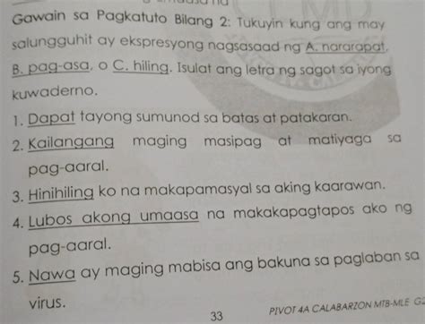 Solved Gawain Sa Pagkatuto Bilang 2 Tukuyin Kung Ang May Salungguhit