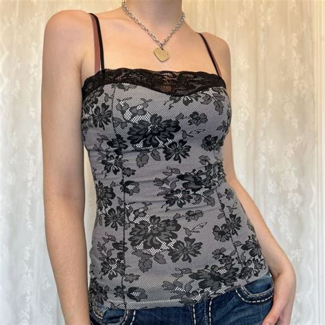 Dainty Fairygrunge Twilightcore Grey Cami Top With Black Floral Print