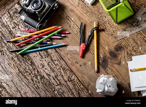 Artists creative work table Stock Photo - Alamy