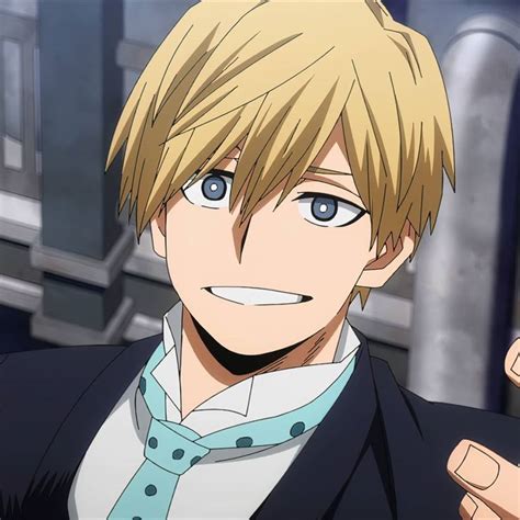 An Anime Character With Blonde Hair And Blue Eyes Pointing At The Camera While Wearing A Suit