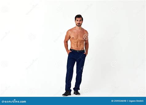Man With Bare Torso And Prue Cubes In Business Pants Shows Full Length Nude Body Women X27 S