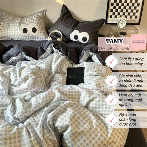 Bộ chăn ga hình đôi mắt hot trend 2024 trẻ trung bộ ga độc lạ Tamy Bedding mềm mịn thấm mồ hôi