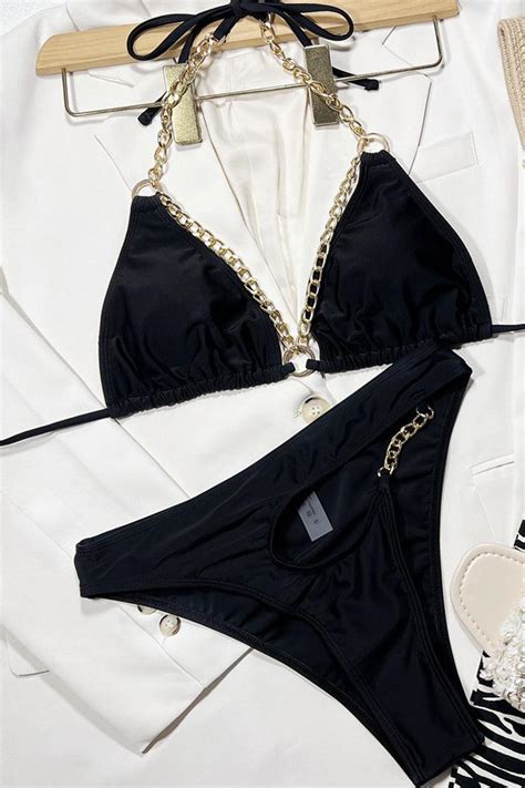 Sexy Black 2pc Cheeky Bikini With Gold Chain Straps Amiclubwear