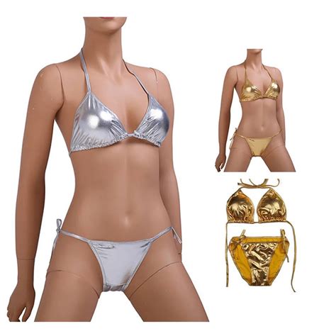 Mosaic Gold Bikini Pcs Set Women Patent Leather Exotic Lingerie Bandage Biquini Swimsuit Shiny