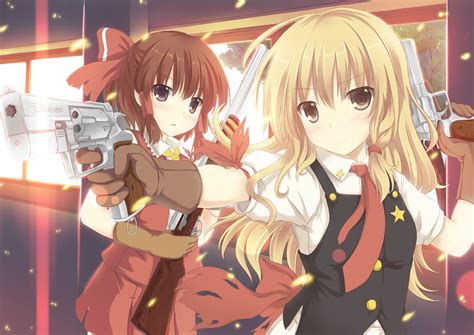 Blonde Hair Bow Brown Eyes Brown Hair Dress Gloves Gun Hakurei Reimu Kirisame