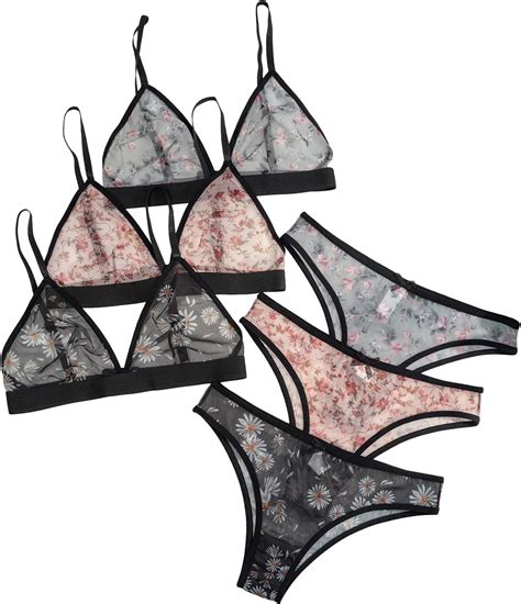 BEAUDRM Women S 3 Pack Floral Print Mesh Lingerie Set Wireless Low Rise Sheer Matching Bra And