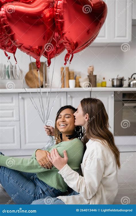 Joyful Interracial And Lesbian Women Sitting Stock Photo Image Of Heartshaped Event