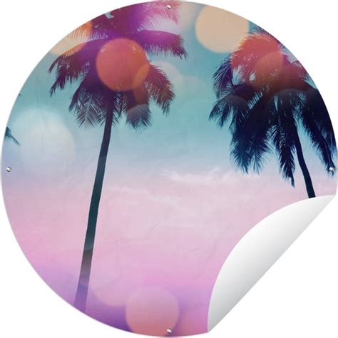 Tuincirkel Zomer Palmen Lucht Roze 90x90 Cm Ronde Tuinposter