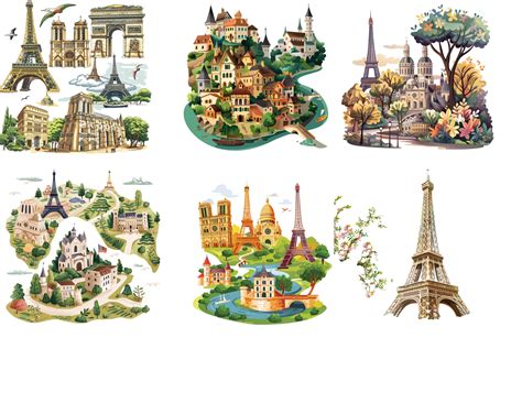 france themed clipart set illustrations  iconic landmarks