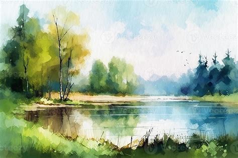 Landscape forest and forest lake with flying birds, watercolor painting ...