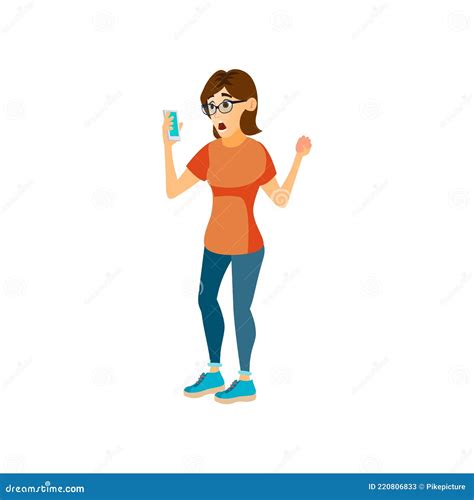 Surprised Woman Reading Shocking Message On Mobile Phone Cartoon Vector