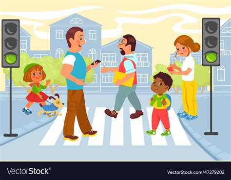people cross city road  traffic light road vector image
