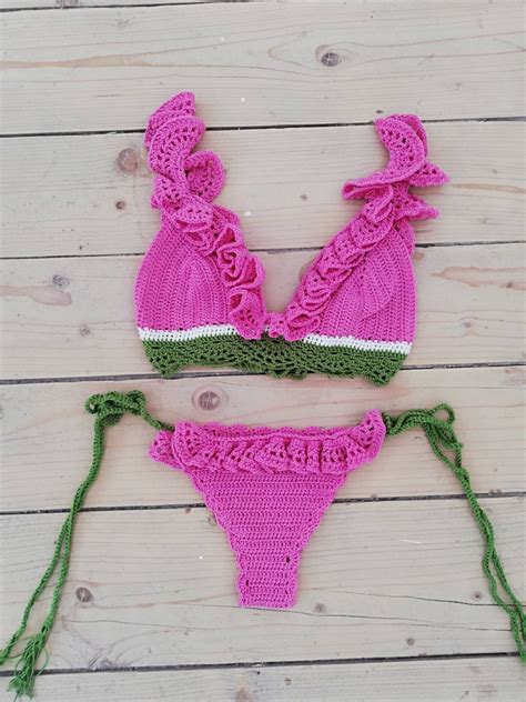 Watermelon Bikini Ruffle Swimsuit Crochet Bikini Set Frills Bikini Knitted Bikini Fruit Bikini