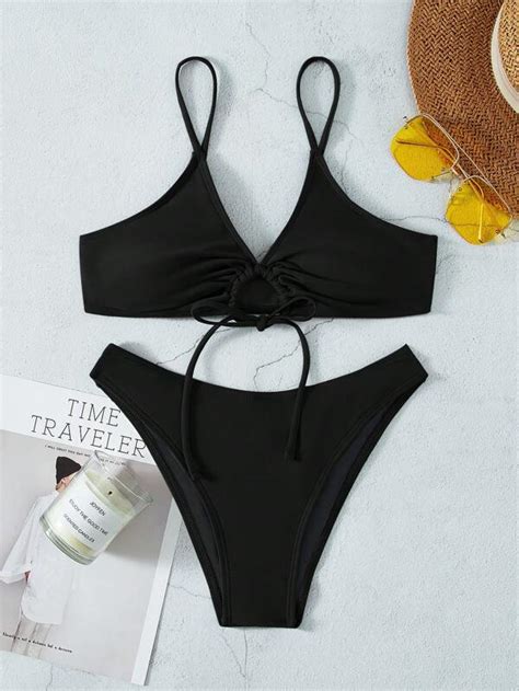 Solid Color Halter Neck Triangle Bikini Set With Separated Briefs Shein Usa