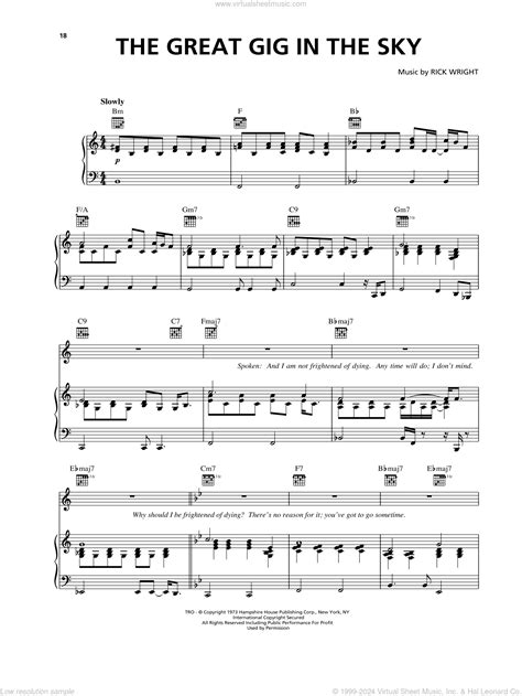 The Great Gig In The Sky Sheet Music For Voice Piano Or Guitar