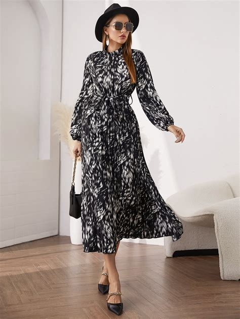 SHEIN Mulvari Allover Print Lantern Sleeve Belted Dress SHEIN USA