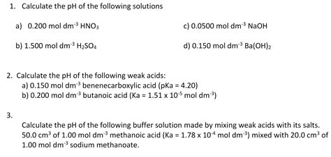 Solved Calculate The Ph Of The Following Solutions A Mol Dm