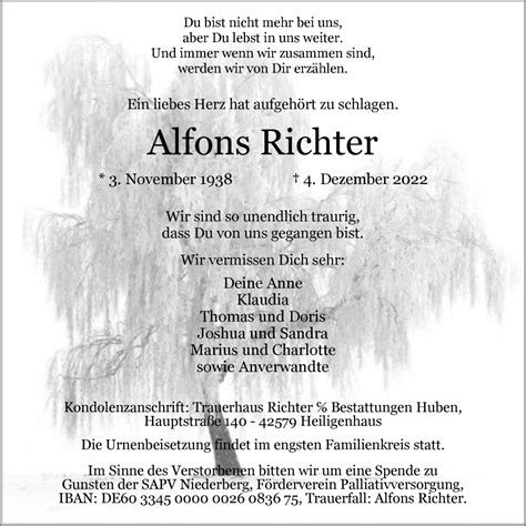 Traueranzeigen Von Alfons Richter Trauer In Nrw De