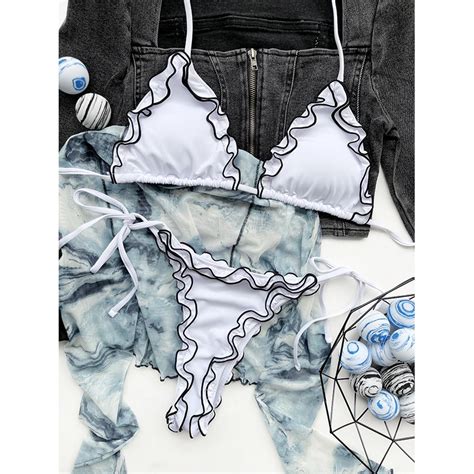 Conjunto De Bikini Liso Para Mujer Traje De Ba O Femenino Con Volantes Corte Alto