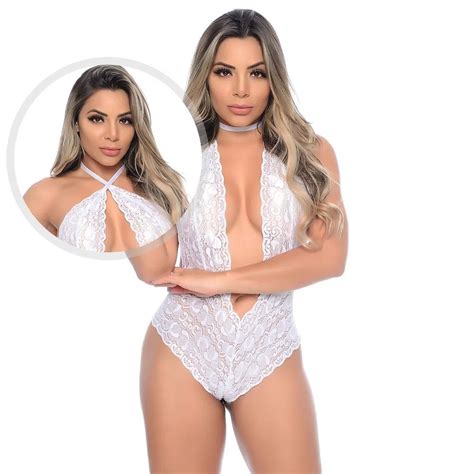 Lingerie Feminina Sexy Body Invertido Em Renda Floral BRANCO Para Noite