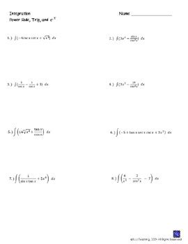 Calculus Indefinite Integrals Homework Power Rule Trig And E X