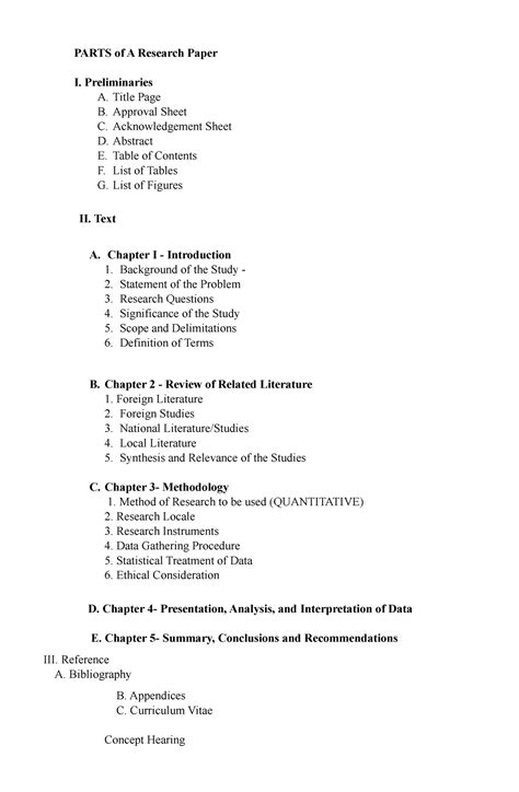 PR2 LIST OF Chapters Quanti PARTS Of A Research Paper I