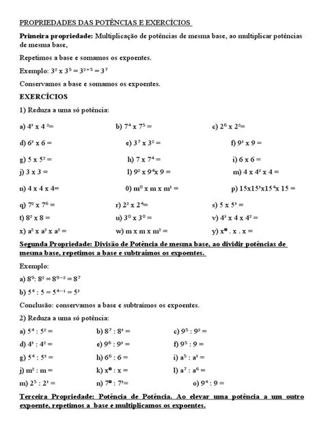 Propriedades Das Potências e Exercícios | PDF | Exponenciação | Matemática