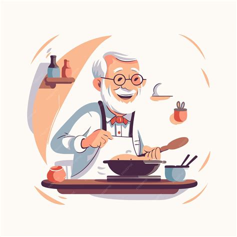 Premium Vector Elderly Man Cooking At Kitchen Vector Illustration In