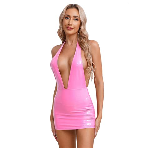 Womens Dress Sexy Leather Lingerie Bodycon Deep V Neck Backless
