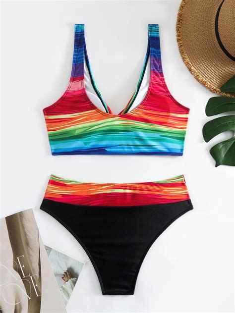 Rainbow Print Halter Swimsuit Rainbow Bikini Printed Rainbow Sexy Bikini Two Piece Swimsuit