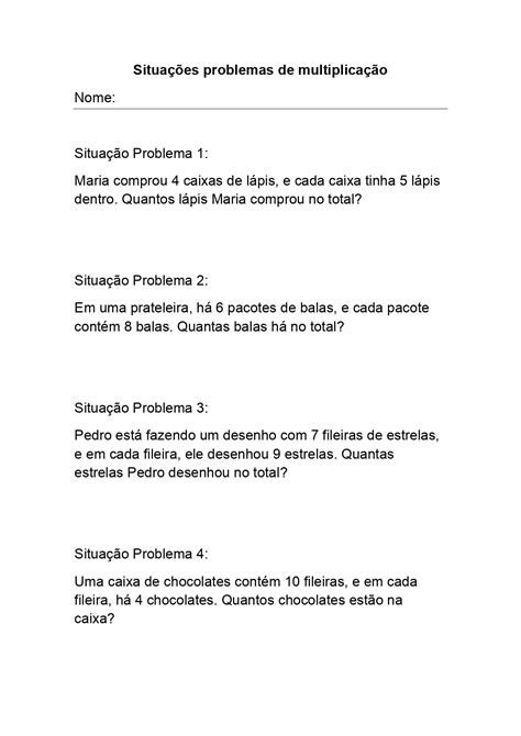 Situações Problemas De Multiplicação 3 Ano