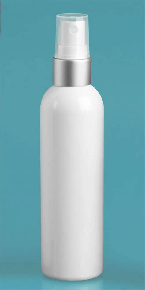 2 Oz White PET Cosmo Round Bottles W Silver White Brushed Aluminum