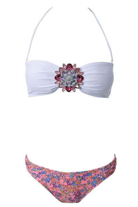 Sexy Strapless Tiny Floral Print Women S Bikini Set In Red White L