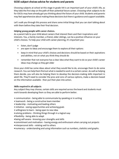 GCSE Subject Choices Advice For Students and Parents | PDF