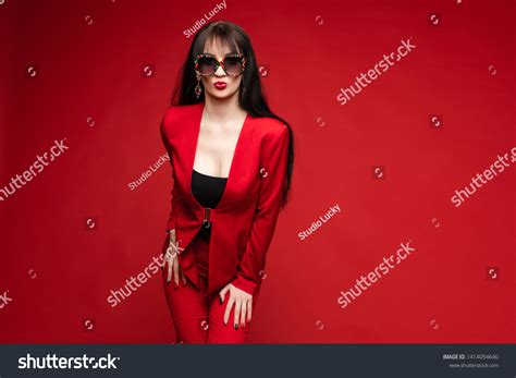 Side View Glamorous Brunette Posing Red Stock Photo Edit Now 1414054640