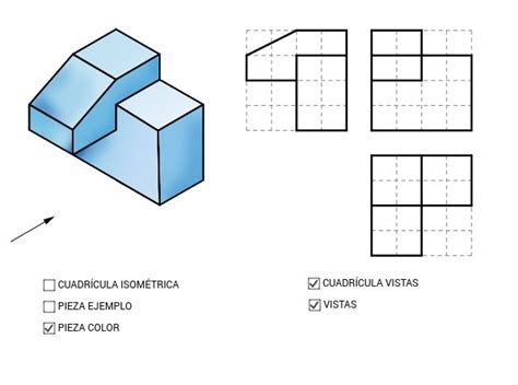 Perspectiva isométrica de una pieza y vistas diédricas a modo de