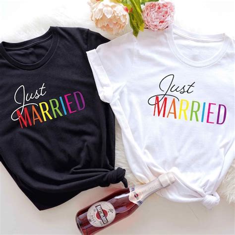 Just Married Lgbtq Rainbow Heart Shirt Gay Honeymoon Lesbian Etsy