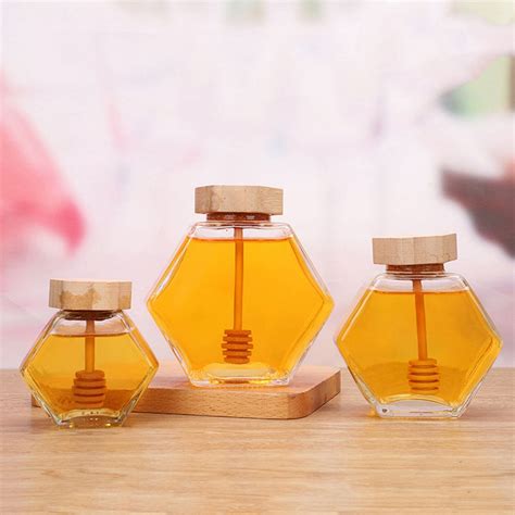 Glass Honey Bottle Hexagonal Transparent With Cork Grandado